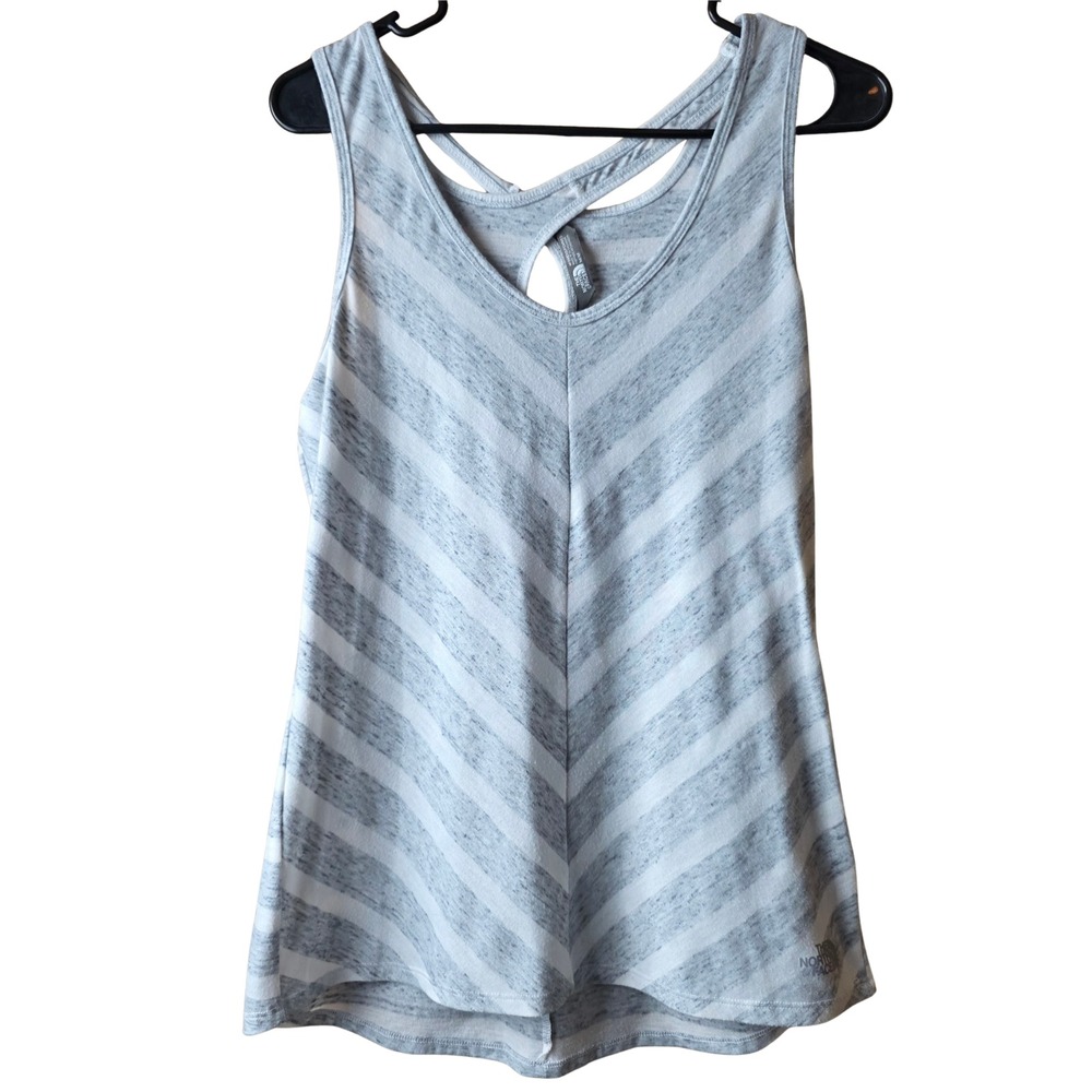 The North Face Womens Medium Gray Striped Racerback Tank Top Keyhole Back Athlei